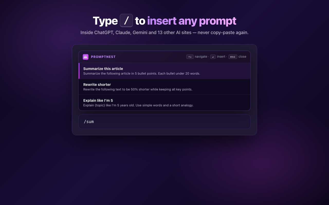 Promptnest slash picker showing 3 prompts inside an AI chat input — Summarize this article, Rewrite shorter, Explain like I'm 5.