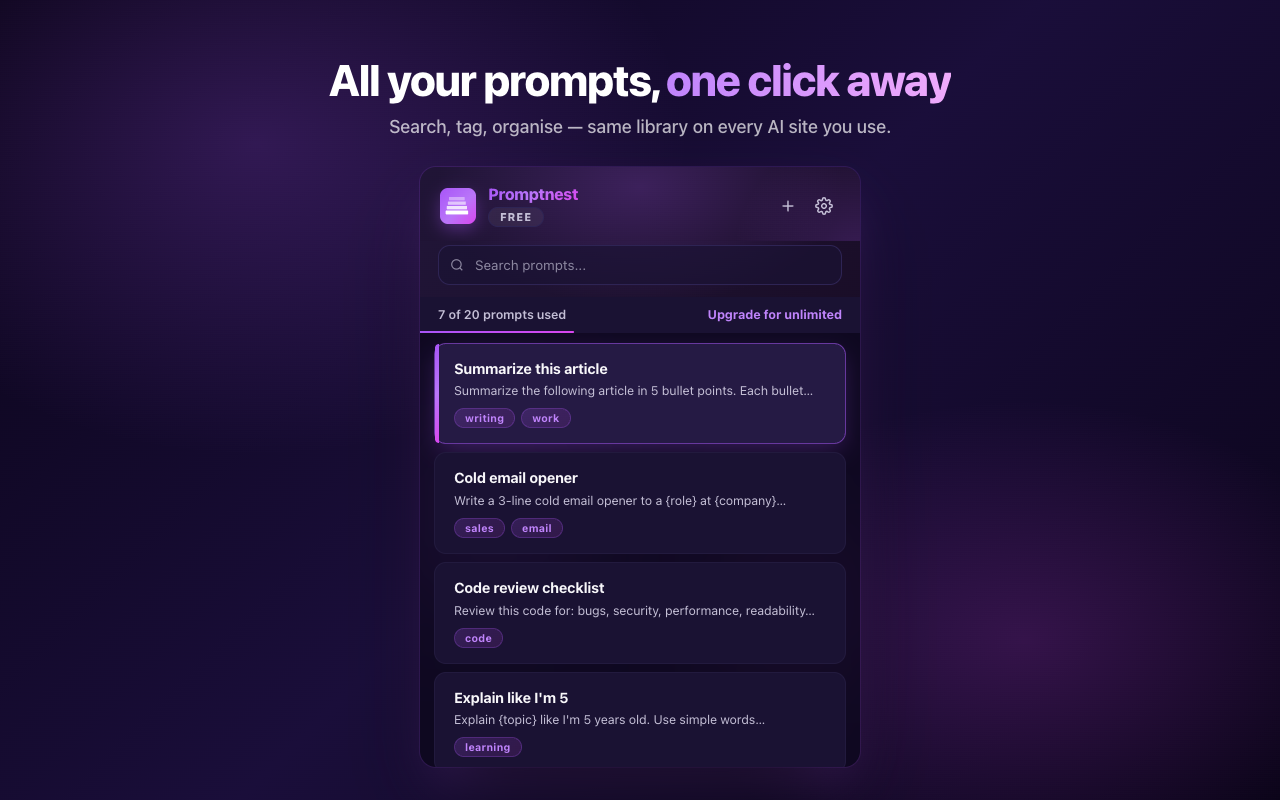 Promptnest popup library — 5 saved prompts with tags, search bar, usage 7 of 20.