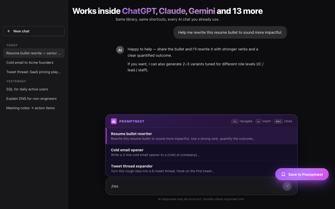 Promptnest running inside an AI chat — the prompt picker is open above the chat input and a floating Save button sits in the bottom-right.